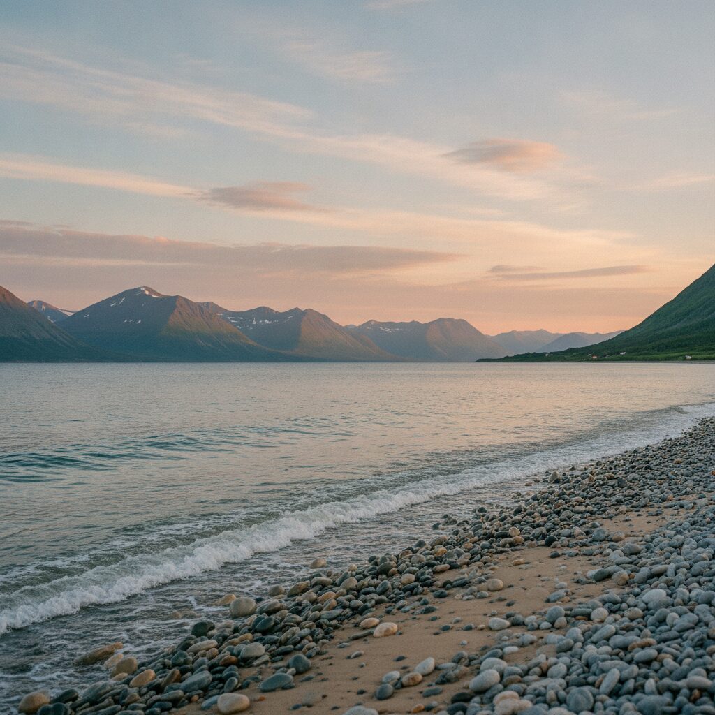 Rolig arktisk strandlinje i mykt gyllent lys med grønne fjell i det fjerne