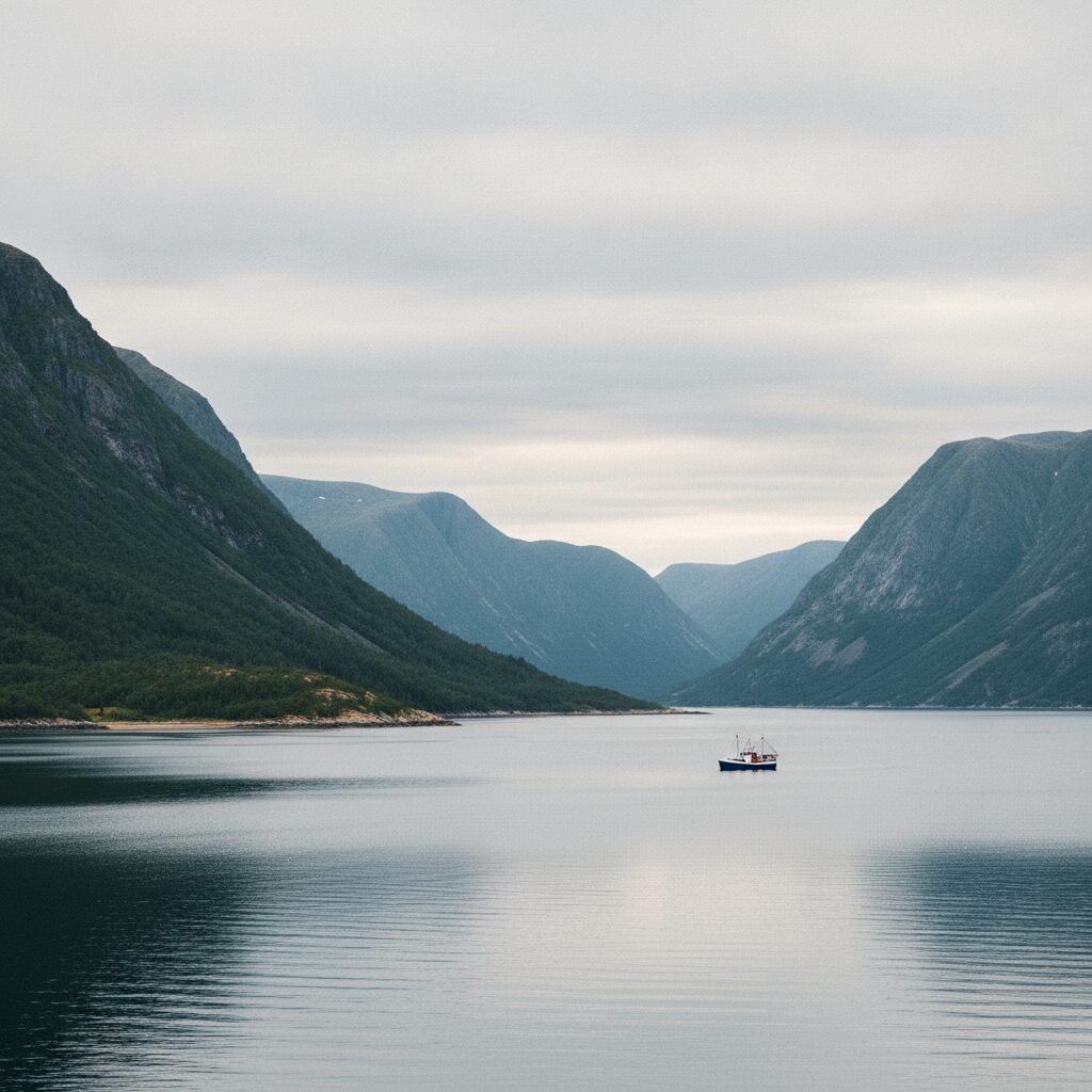 Rolig arktisk fjord med en liten fiskebåt og grønne fjell i Finnmark