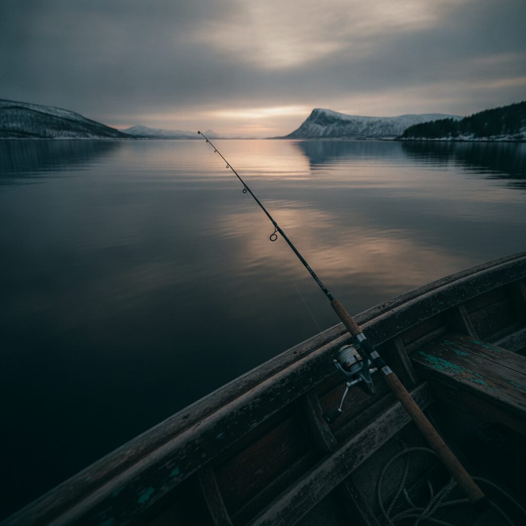 En fiskestang lener seg mot rekka på en båt over rolig arktisk sjø ved daggry